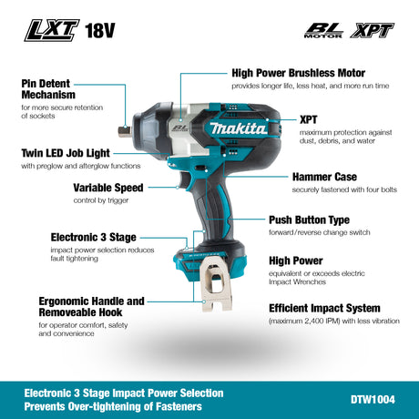 Makita DTW1004Z 18V LXT Brushless 1/2" High Torque Impact Wrench - Tool Only