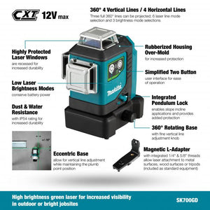 Makita SK700GDWAJ 12Vmax CXT Green Multi Line Laser Kit