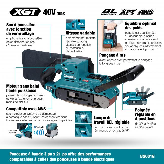 Makita BS001GZ 40Vmax XGT Brushless 3" x 21" Belt Sander