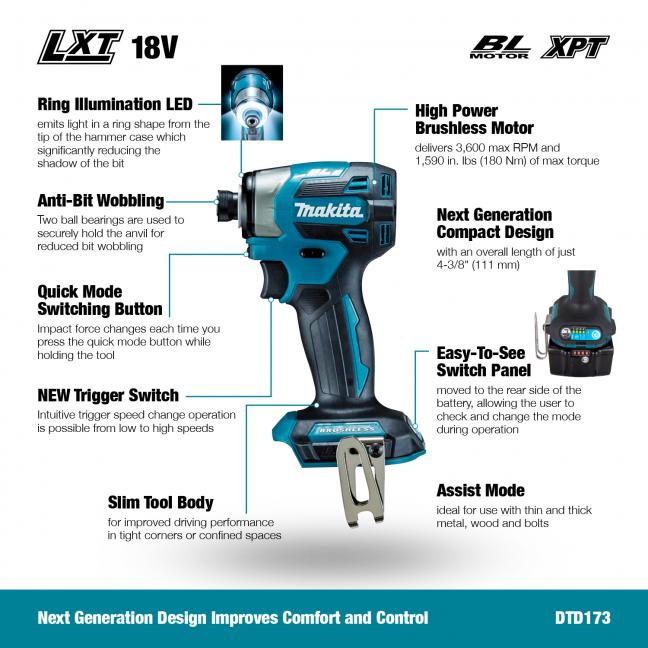 Makita DTD173Z 18V LXT Brushless 1/4" Impact Driver - Tool Only