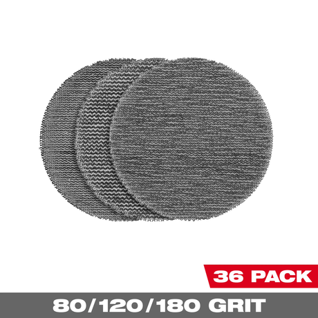 Milwaukee 3” Assorted 80, 120, 180 Grit Mesh Sanding Discs with POWERGRID™ Tear Resistant Mesh – 36 pk + 3 Pad Savers