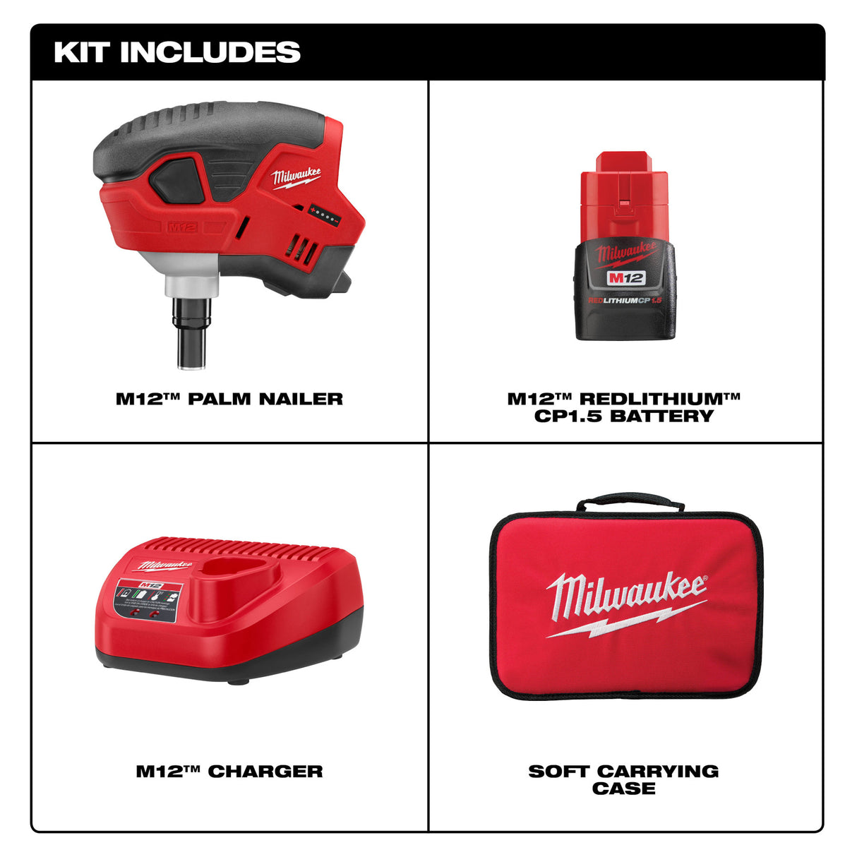 Milwaukee 2458-21 M12™ Cordless Lithium-Ion Palm Nailer Kit