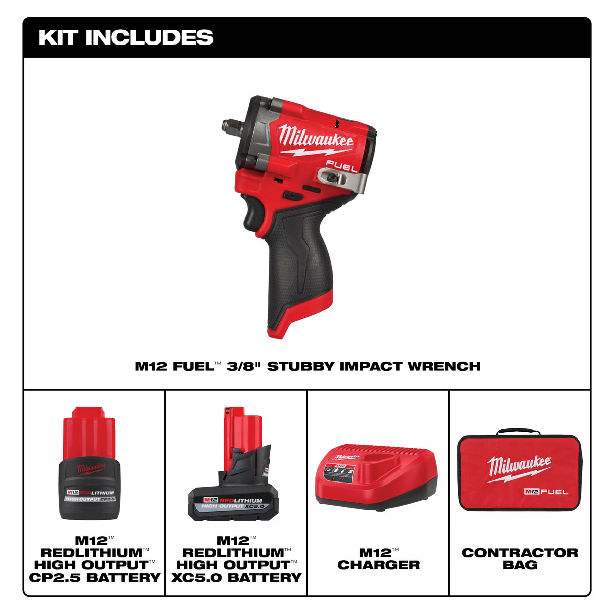 Milwaukee 2562-22 M12 FUEL™ Stubby 3/8" Impact Wrench Kit