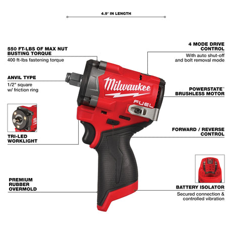 Milwaukee 2563-20 M12 FUEL™ Stubby 1/2" Impact Wrench