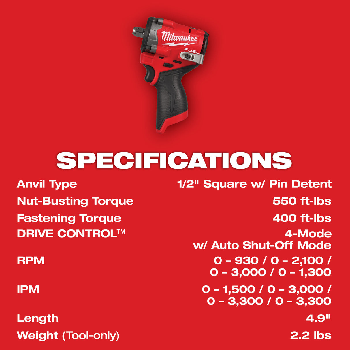 Milwaukee 2563P-20 M12 FUEL™ Stubby 1/2" Impact Wrench w/ Pin Detent