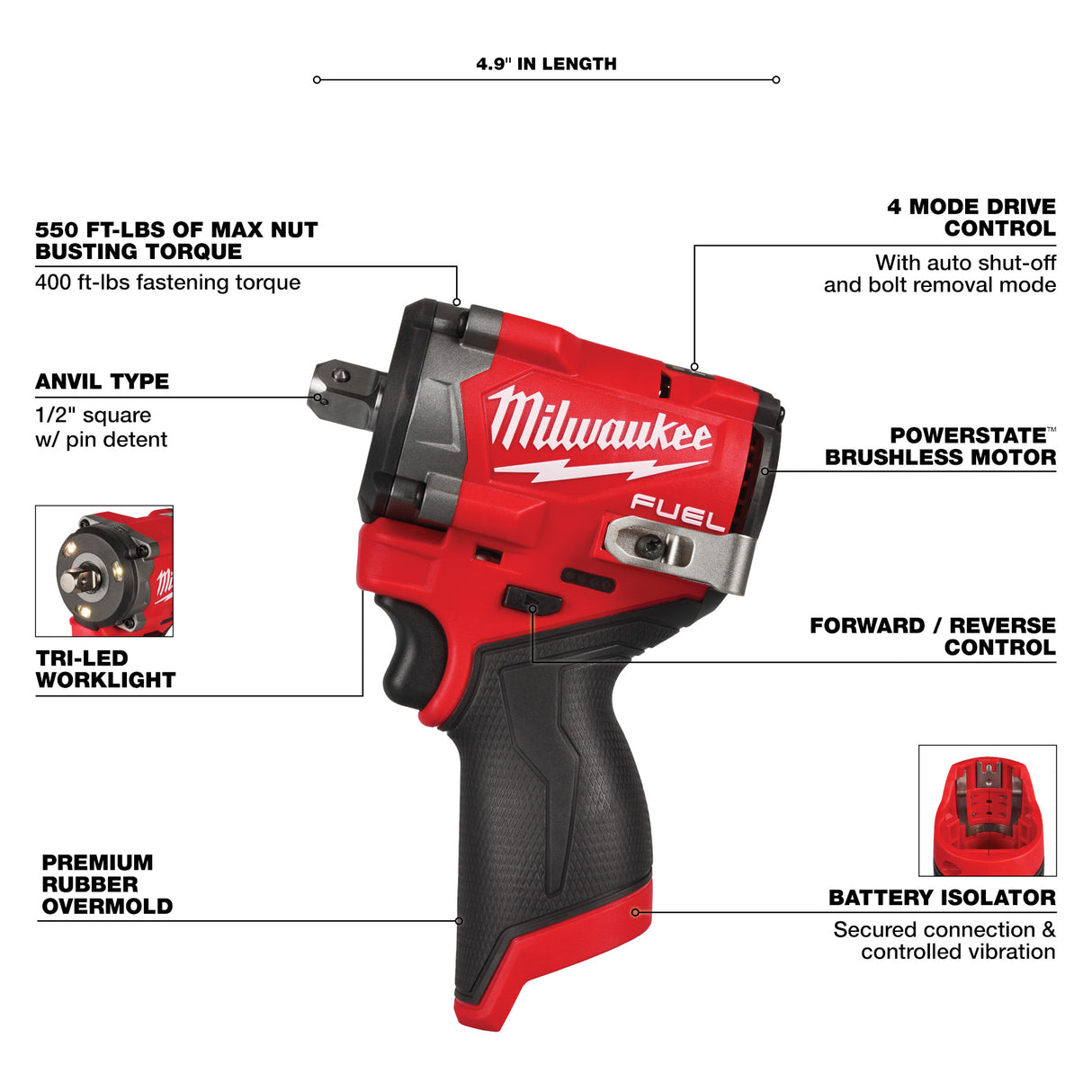 Milwaukee 2563P-20 M12 FUEL™ Stubby 1/2" Impact Wrench w/ Pin Detent