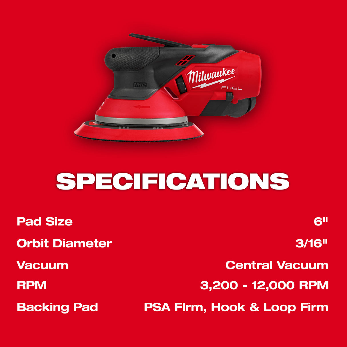 Milwaukee 2585-20 M12™ FUEL™ 6" Random Orbital Sander (3/16")