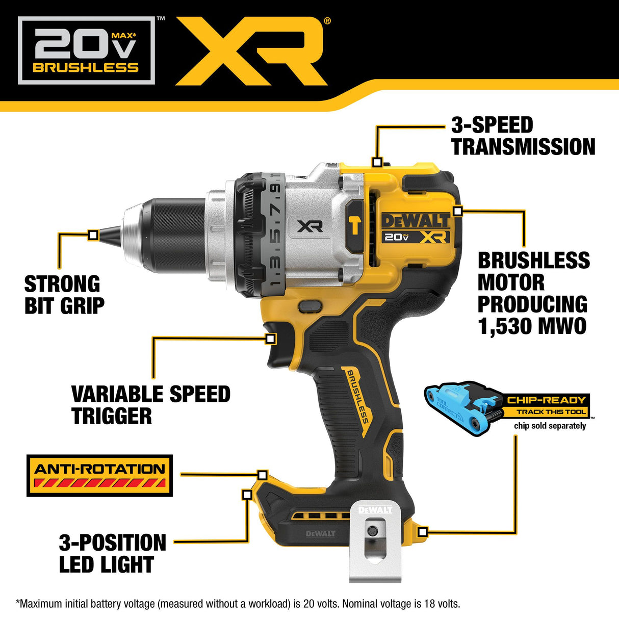 DEWALT DCD1007B 20V MAX* XR® Brushless Cordless 1/2 in. 3-Speed Hammer Drill (Tool Only)