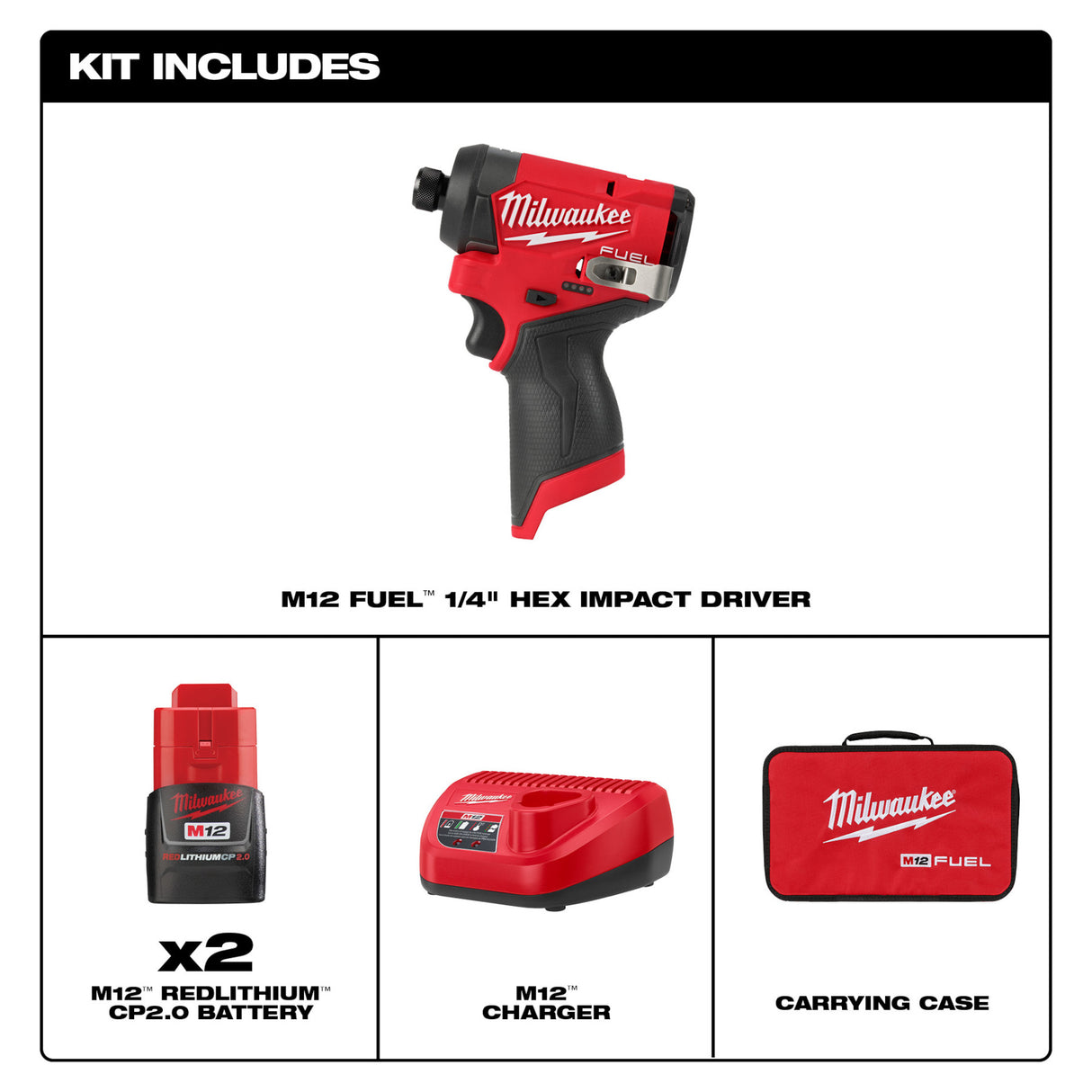 Milwaukee 3453-22 M12 FUEL™ 1/4" Hex Impact Driver Kit