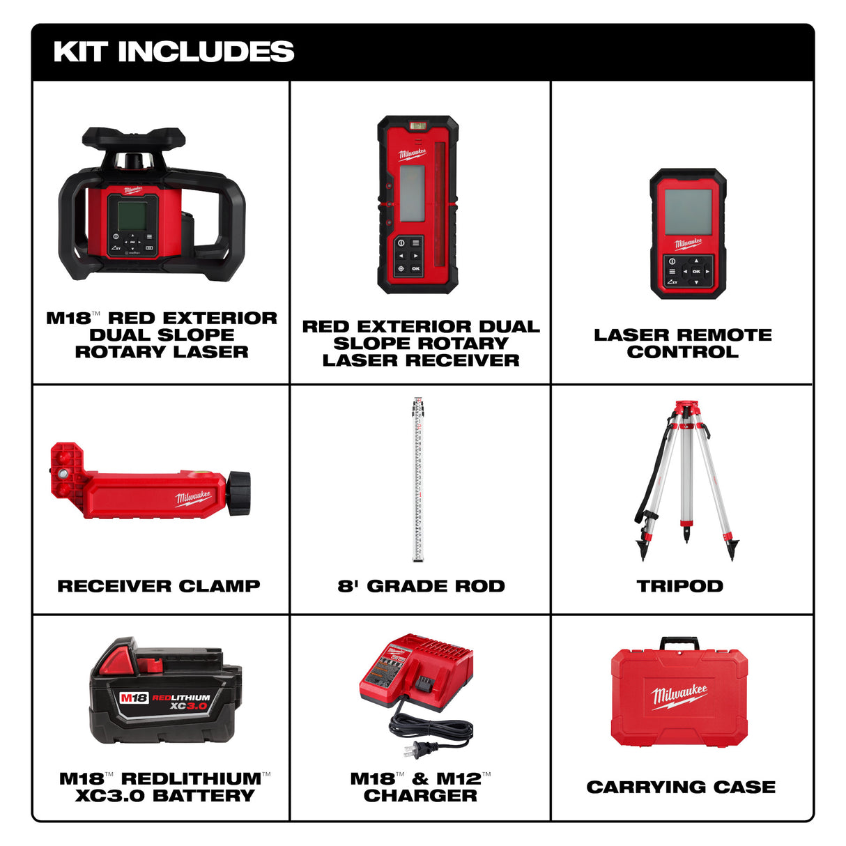 Milwaukee 3704-21T M18™ Red Exterior Dual Slope Rotary Laser Level Kit w/ Receiver, Remote, Grade Rod & Tripod