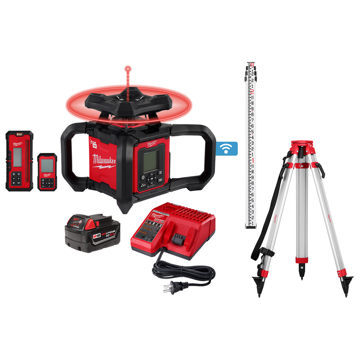 Milwaukee 3704-21T M18™ Red Exterior Dual Slope Rotary Laser Level Kit w/ Receiver, Remote, Grade Rod & Tripod