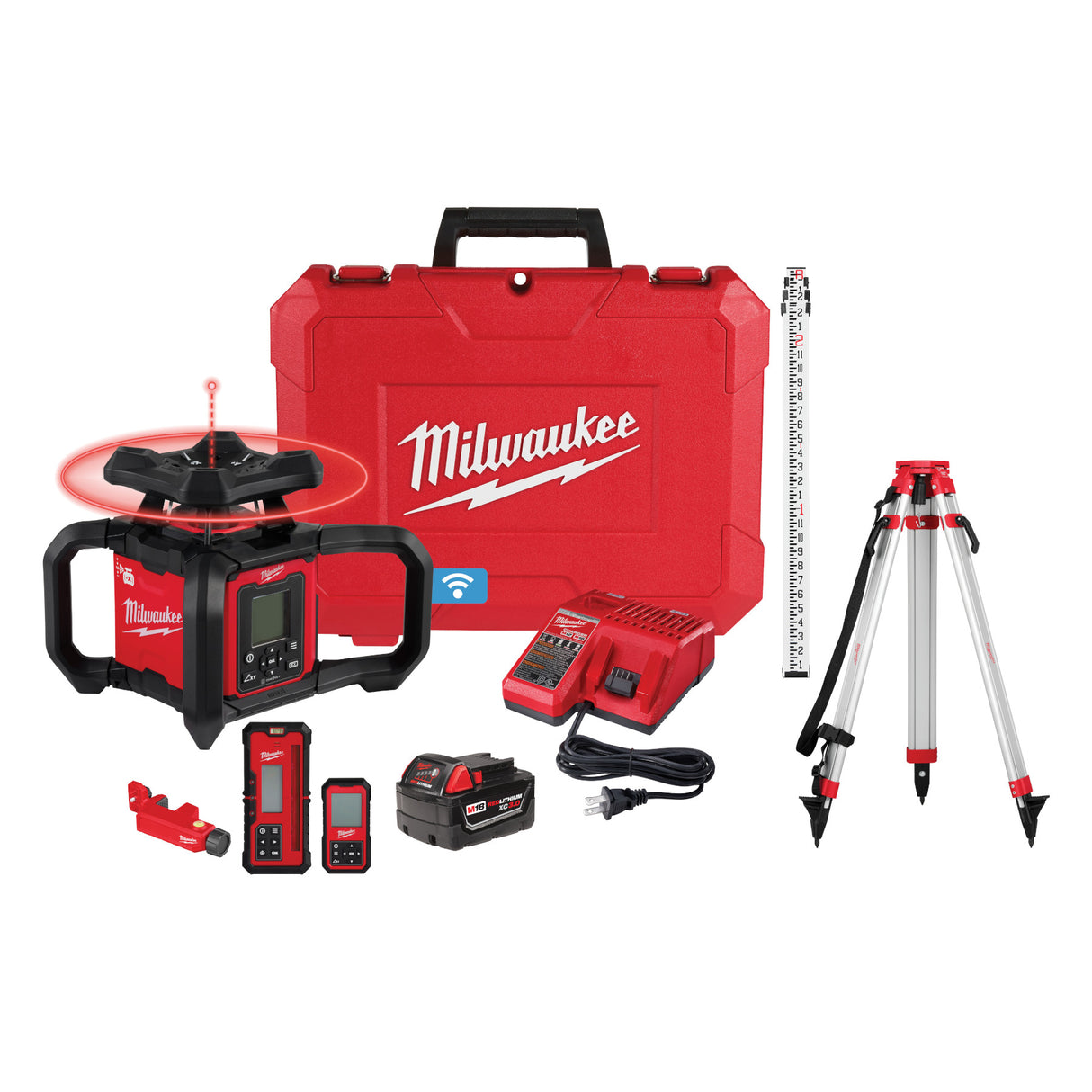 Milwaukee 3704-21T M18™ Red Exterior Dual Slope Rotary Laser Level Kit w/ Receiver, Remote, Grade Rod & Tripod