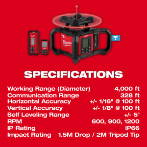 Milwaukee 3704-21T M18™ Red Exterior Dual Slope Rotary Laser Level Kit w/ Receiver, Remote, Grade Rod & Tripod