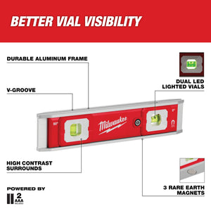 Milwaukee 48-22-5105 9" Torpedo Level with Lighted Vials