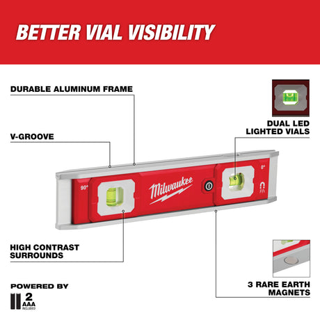 Milwaukee 48-22-5105 9" Torpedo Level with Lighted Vials