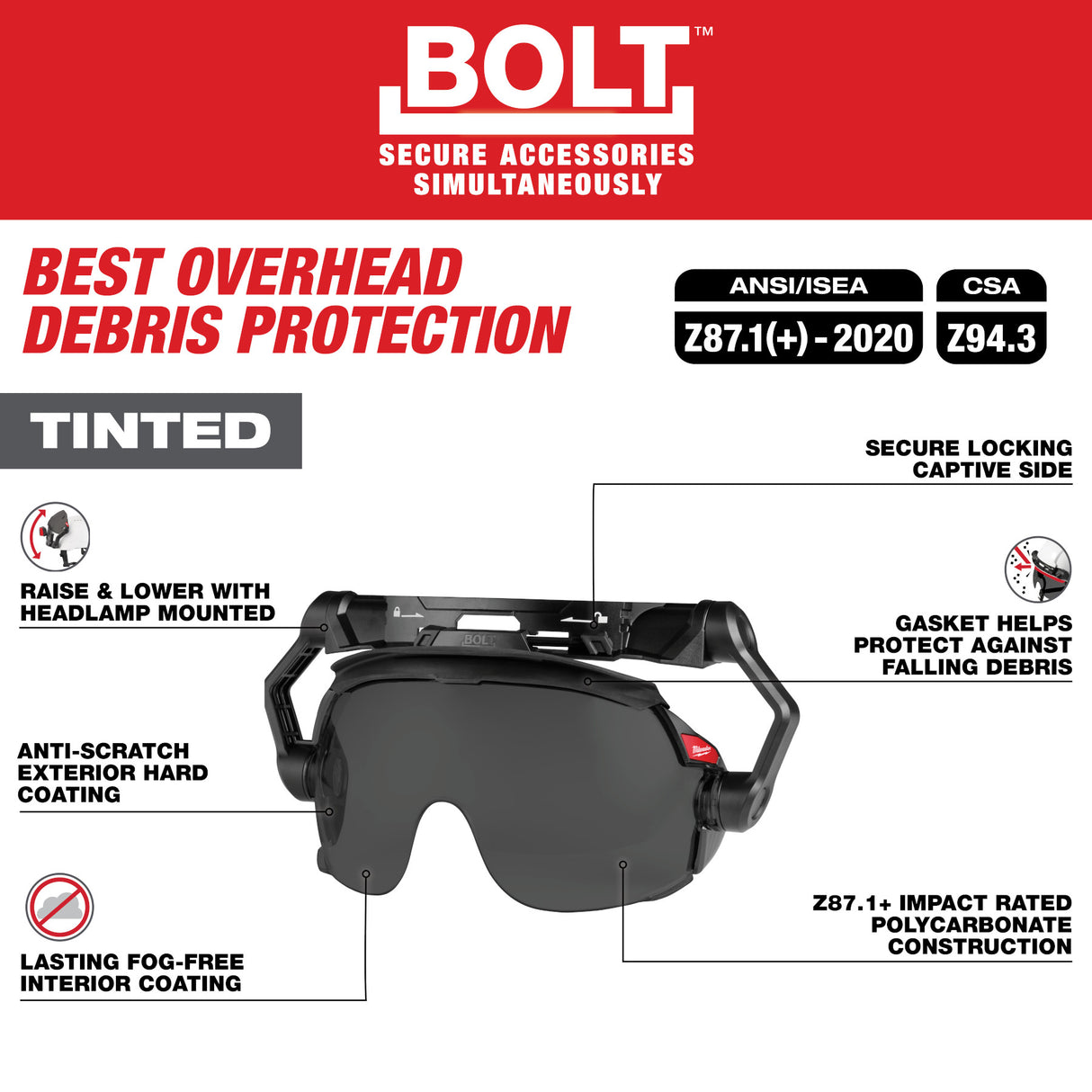 Milwaukee  BOLT™ Gasketed Eye Visor - Dual Coat Lens (Compatible with Milwaukee® BOLT™ Safety Helmets & BOLT™ Hard Hats)