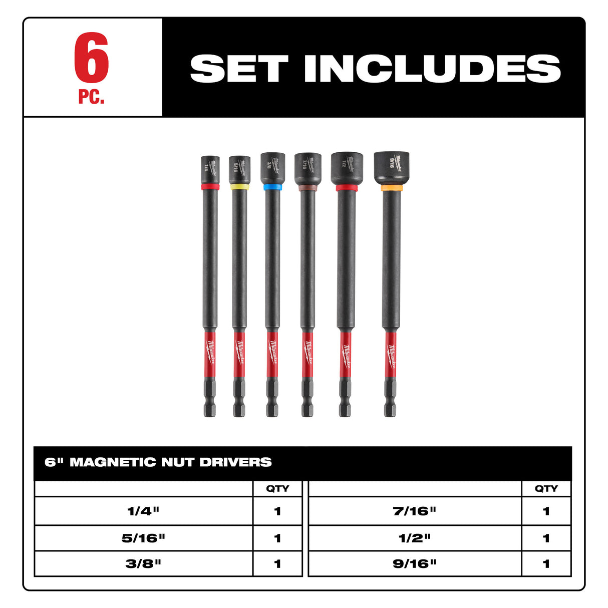 Milwaukee 49-66-4567 SHOCKWAVE Impact Duty™ 6" Magnetic Nut Driver Set 6PC