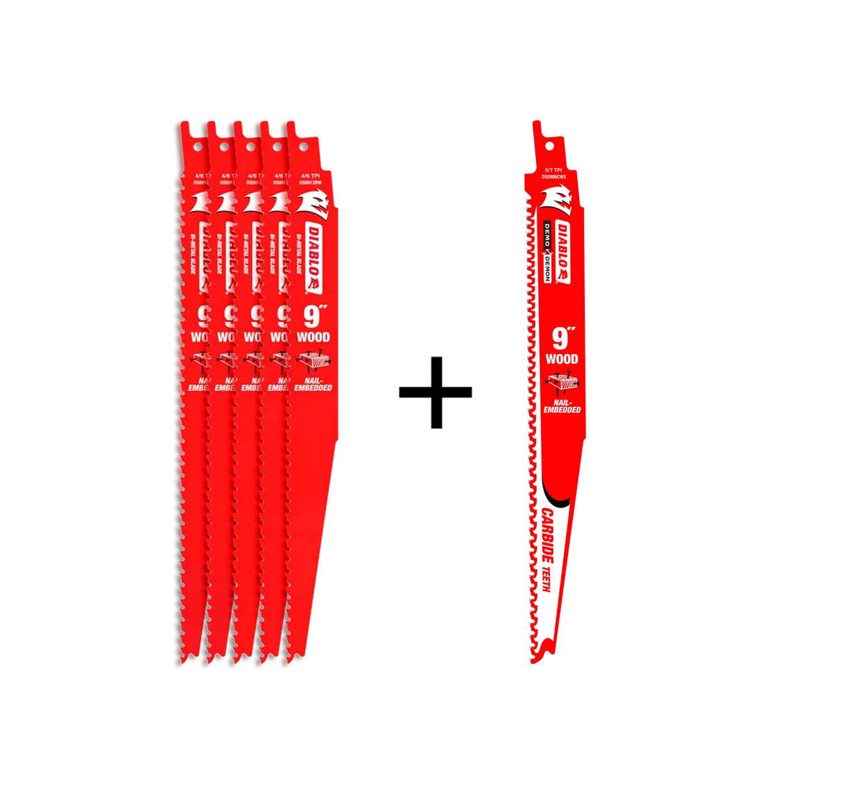 DIABLO DS0912BW5PC 5+1 9” 4/6TPI Bi-Metal Reciprocating Saw Blades for Nail Embedded Wood Cutting