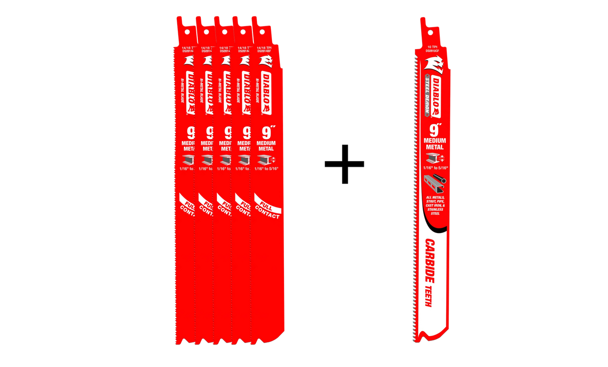 DIABLO DS0914BF5PC 5+1 9” 14/18TPI Bi-Metal Reciprocating Saw Blades for Medium Metal Cutting