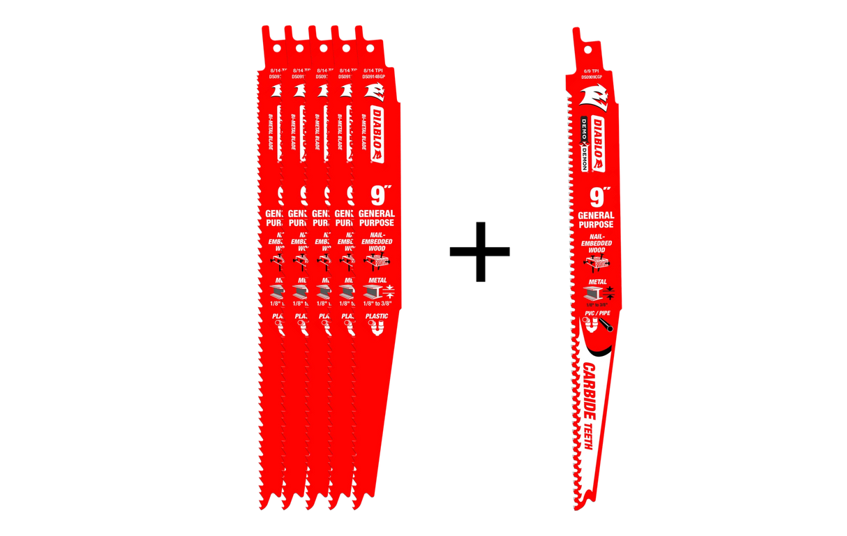 DIABLO DS0914BGP5PC  5+1 9” 8/14TPI Bi-Metal General Purpose Reciprocating Saw Blades for Nail Embedded Wood and Metal Cutting