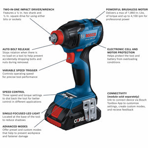 Bosch GXL18V-227B25 18V 2-Tool Combo Kit with Connected-Ready Two-In-One 1/4 In. Bit/Socket Impact Driver/Wrench & 1/2 In. Hammer Drill/Driver