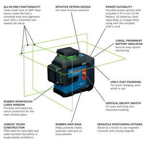 Bosch GLL300-42GL 3.7V 360⁰ Green-Beam Three-Plane Leveling and Alignment Laser with Li-Ion Battery