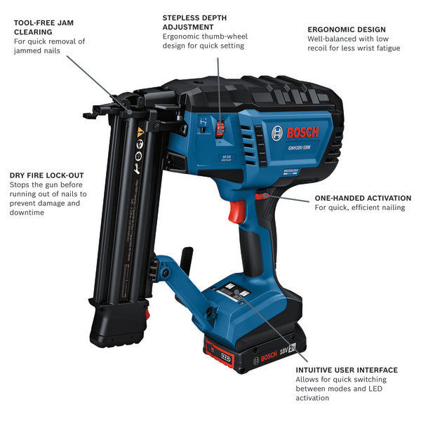 Bosch 18V Brushless 18-Gauge Brad Nailer Kit with (1) 2 Ah Standard Power Battery