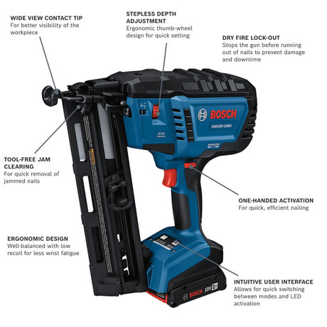 Bosch GNH18V-16MAB12 18V Brushless 16-Gauge Angled Finish Nailer Kit with (1) 2 Ah Standard Power Battery