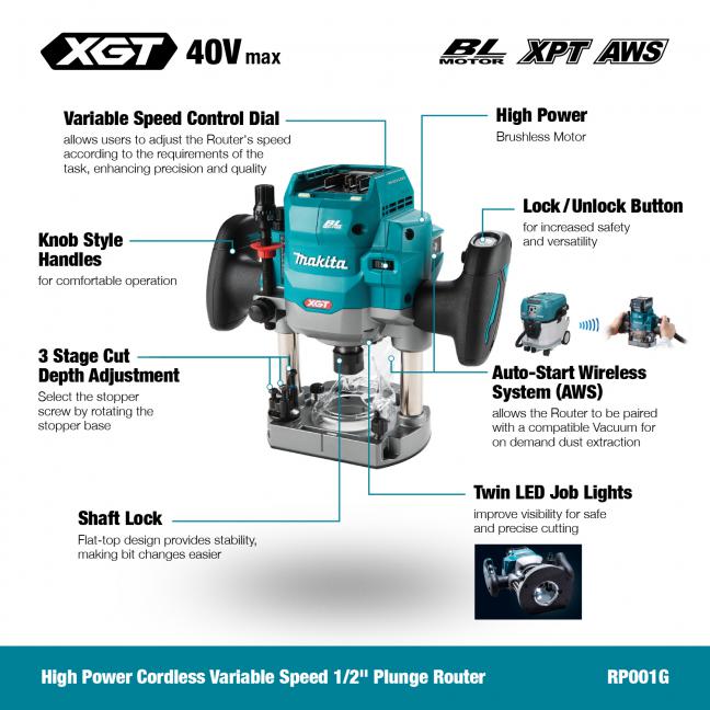 Makita RP001GZ01 40Vmax XGT Brushless Plunge Router