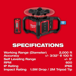 Milwaukee 3701-21T M18 Red Exterior Rotary Laser Level Kit w/ Receiver, Tripod, and Grade Rod