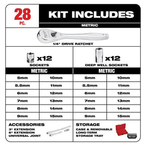 Milwaukee 48-22-9504 1/4in Drive 28pc Ratchet and Socket Set - Metric