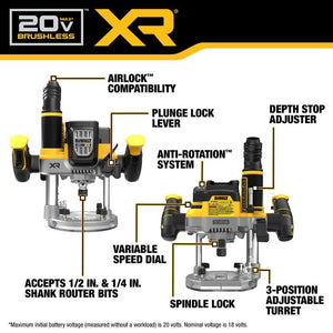 DEWALT DCW620B 20V MAX XR BRUSHLESS CORDLESS 2-1/4 PEAK HP PLUNGE ROUTER (TOOL ONLY)