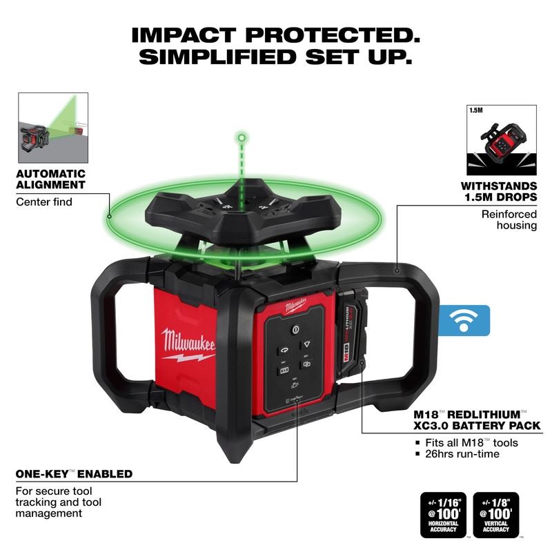 Milwaukee 3702-21 M18 Green Interior Rotary Laser Level Kit w/ Remote/Receiver and Wall Mount Bracket