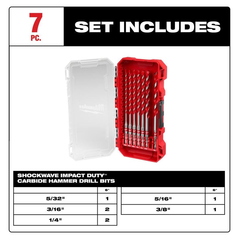 Milwaukee 48-20-9052 7PC. SHOCKWAVE Impact Duty Carbide Hammer Drill Bit Set