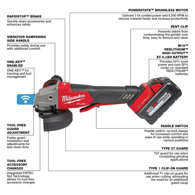 Milwaukee 2882-22 M18 FUEL 4-1/2n / 5in Braking Grinder w/ ONE-KEY Paddle Switch, No Lock