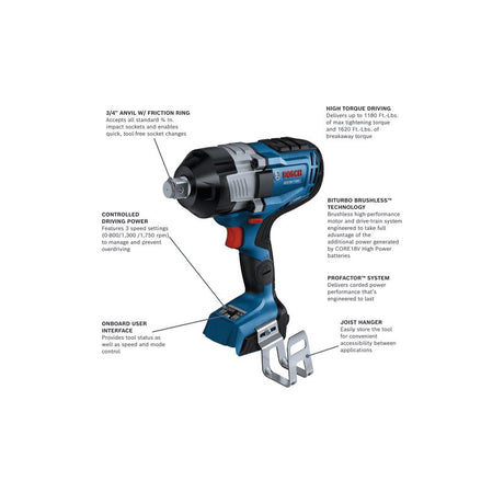 Bosch | GDS18V-1180CN PROFACTOR 18V Connected-Ready 3/4 In. Impact Wrench with Friction Ring and Thru-Hole