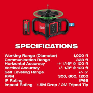 Milwaukee 3702-21 M18 Green Interior Rotary Laser Level Kit w/ Remote/Receiver and Wall Mount Bracket