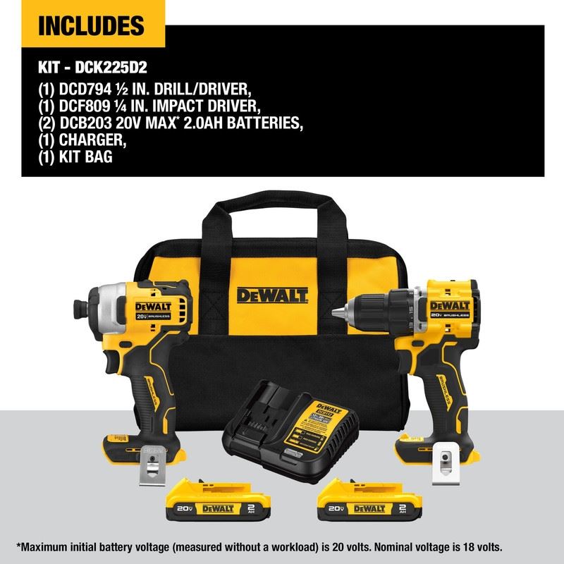 DEWALT DCK225D2 ATOMIC 20V MAX  Brushles Compact Drill/Driver and Impact Driver Combo Kit