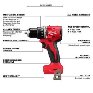 Milwaukee 3602-20 M18 Compact Brushless 1/2in Hammer Drill/Driver