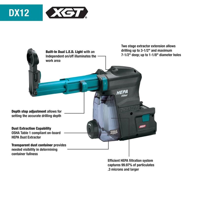 Makita DX12 Cordless Rotary Hammer HEPA Dust Extraction System