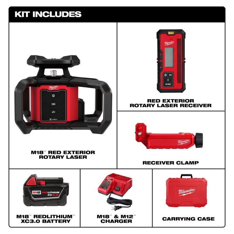 Milwaukee 3701-21 M18 Red Exterior Rotary Laser Level Kit w/ Receiver