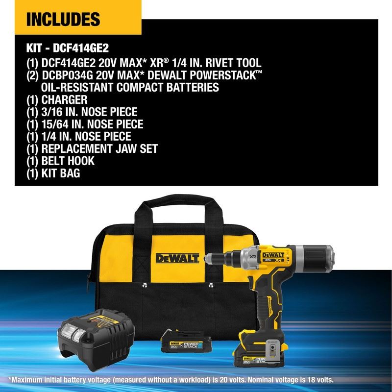 DEWALT DCF414GE2 20V MAX XR BRUSHLESS CORDLESS 1/4in RIVET TOOL KIT WITH DEWALT POWERSTACK