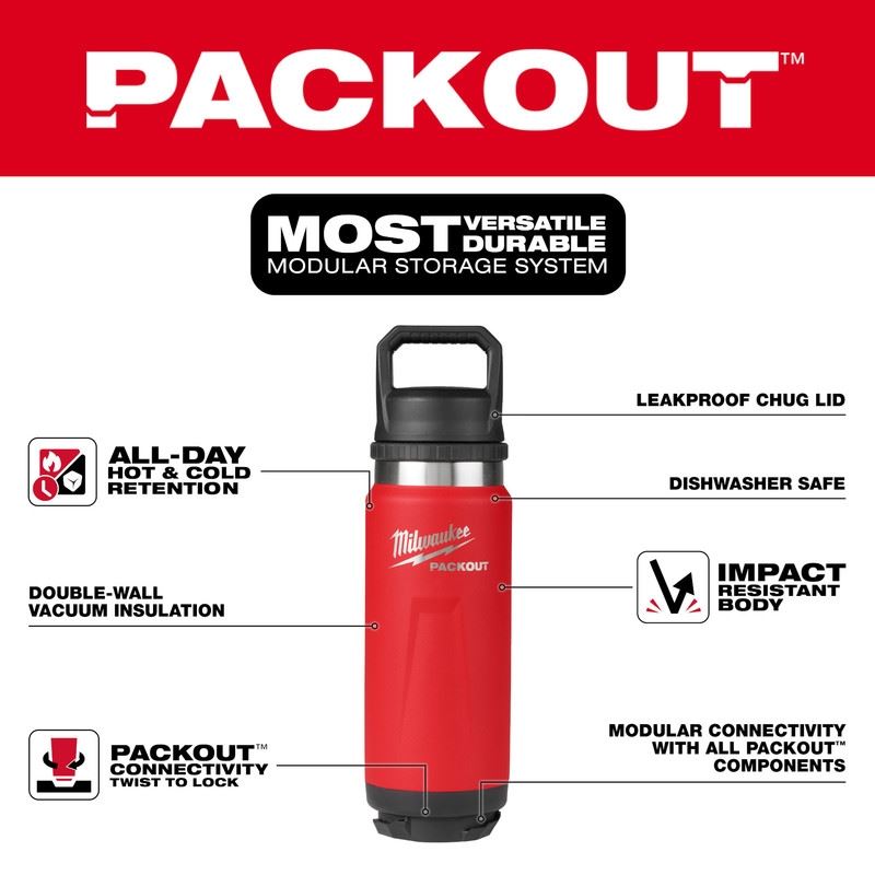 Milwaukee 48-22-8396R PACKOUT 24oz Insulated Bottle with Chug Lid - Red