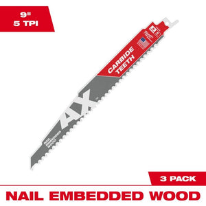 Milwaukee 48-00-5326 SAWZALL The AX with Carbide Teeth Wood Blades - 9in (3pk)