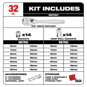 Milwaukee 48-22-9508 3/8in Drive 32pc Ratchet and Socket Set - Metric