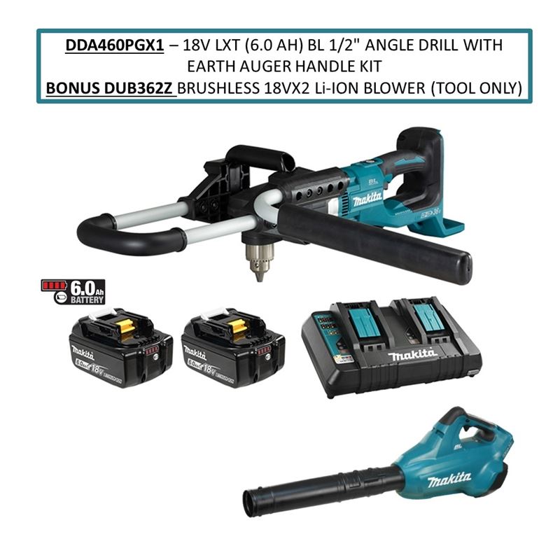 Makita DDA460PGX1 18V LXT (6.0 Ah) BL 1/2in Angle Drill with Earth Auger Handle Kit