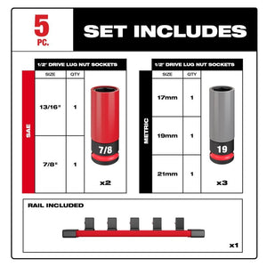 Milwaukee 49-66-7831 SHOCKWAVE 1/2 Drive SAE and Metric 5PC Lug Nut Wheel Socket Set