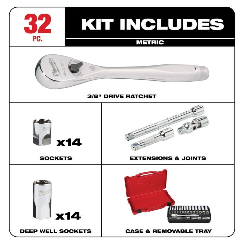 Milwaukee 48-22-9508 3/8in Drive 32pc Ratchet and Socket Set - Metric