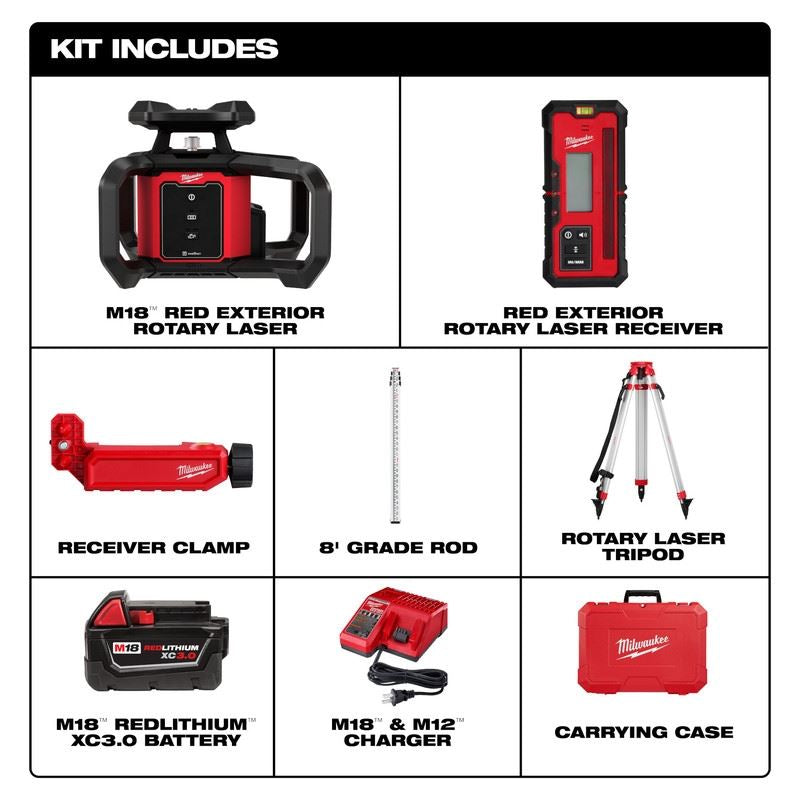 Milwaukee 3701-21T M18 Red Exterior Rotary Laser Level Kit w/ Receiver, Tripod, and Grade Rod