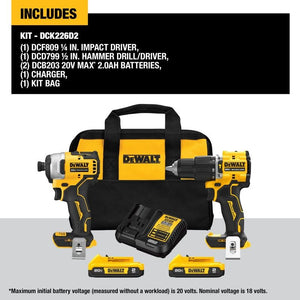 DEWALT DCK226D2 20V MAX ATOMIC Lithium-Ion Compact 1/2-inch Hammer Drill and Impact